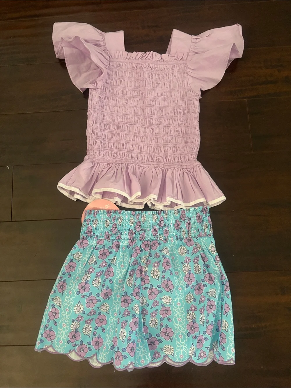 Girls Lavender Smocked Top & Aqua Floral Shorts Matching Set